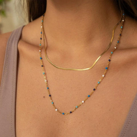Bohemian Enamel Colorful Beads Layered Necklace For Women Gold Plated Stainless Steel Snake Chain Double Layer Necklaces Jewelry