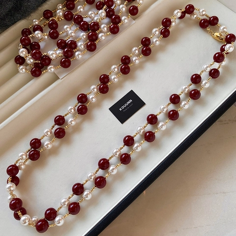 Beaded Long Necklace Red Glass Beads White Crystal Artificial Pearls Gold Plated Accents Retro Elegant Women Sweater Chain
