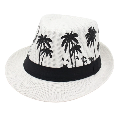 Summer Straw Fedora Hat With Palm Tree Pattern Black Ribbon Short Brim Sun Beach Panama Hat For Men Women