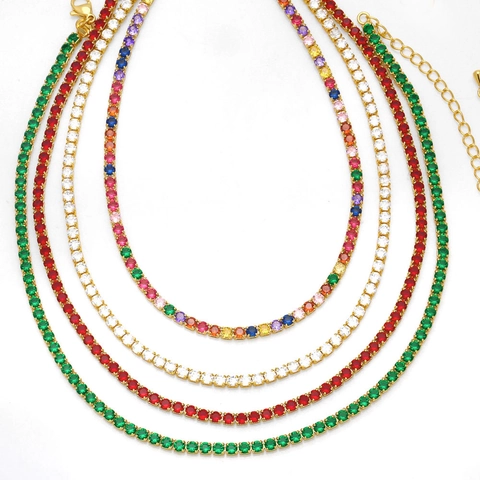 Collar Tennis De Una Sola Fila Cobre Chapado En Oro Con Circonita Colorida Cadena De Extensión Ajustable Joyería Moda Para Mujer Estilo Hip Hop