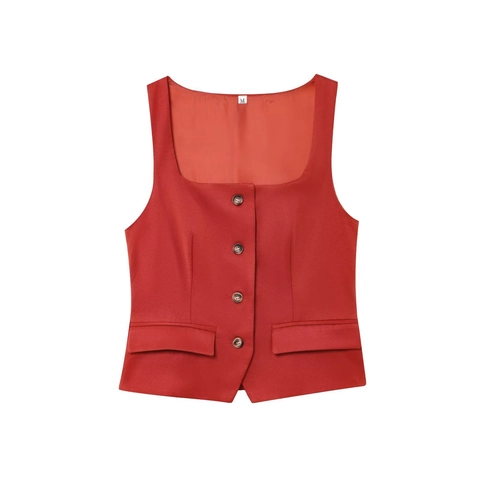 Women Square Neck Suit Vest Polyester Single Breasted Sleeveless Waistcoat With Button Pocket Decor Slim Elegant Top