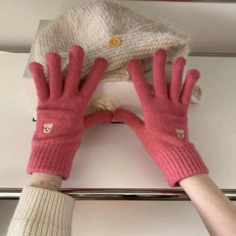 Guantes de Punto Bordados de Oso Coreano para Mujer Invierno Cálido Pantalla Táctil Sin Dedos Color Caramelo Acrílico