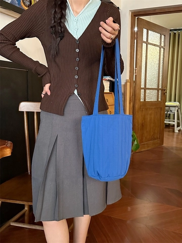 Geplooide Emmer Tas Vrouwen Polyester Effen Kleur Verticaal Doorgestikt Schoudertas Handtas Minimalistisch Casual
