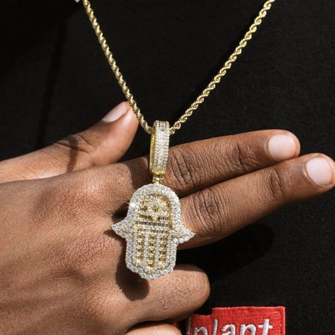 Collana Con Pendente Mano Di Hamsa Rame Zirconi Pavé Iced Out Hip Hop Punk Gioielli Uomo