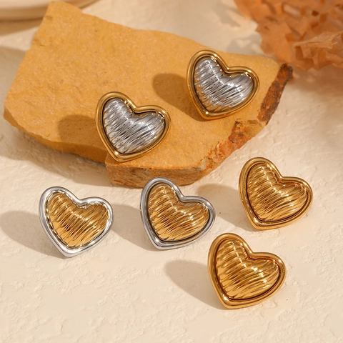 Heart Shaped Stud Earrings Stainless Steel Two Tone Wavy Texture Retro Ins Style Gold Plated Jewelry Women