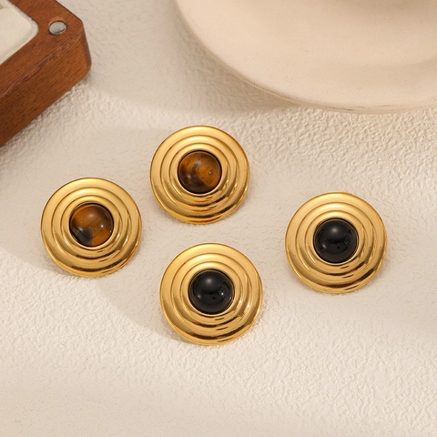 Vintage Round Stud Earrings Stainless Steel With Tiger Eye Stone And Black Agate Eighteen Karat Gold Plated Geometric