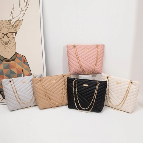 Women Shoulder Tote Bag PU Leather V-Pattern Quilted Korean Fashion Large Capacity With Gold Chain Strap Casual Office