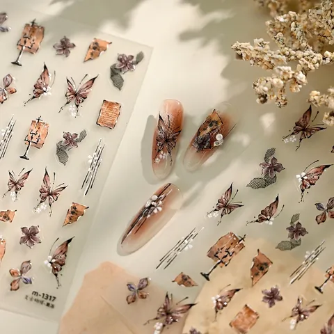 Adesivi Per Unghie Farfalla Vintage Rilievo Texture Gelatina Autoadesivi Motivo Griglia Retrò Decorazione Manicure DIY