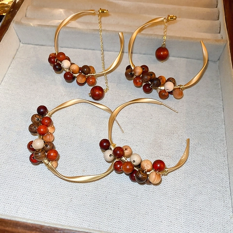 Boho C-Form Creolen Mit Holzperlen Und Legierung Retro Handgefertigter Schmuck Für Damen Silver Earring Post