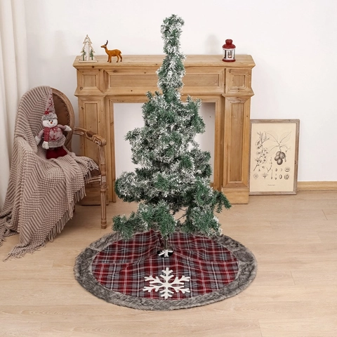 Kerstboomschort Rood Grijs Geruite Stof Met Imitatiebont Rand Witte Sneeuwvlok Ronde Mat Feestelijke Decoratie