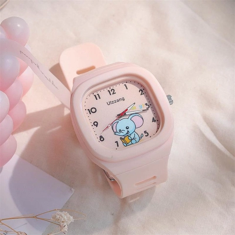 Orologio Al Quarzo Quadrato Cinturino In Silicone Luminoso Motivo Elefante Cartone Animato Orologio Da Polso Analogico Per Bambini Donne Stile Coreano