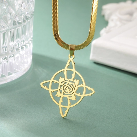 Stainless Steel Rose Pendant Necklace For Women Hollow Witch's Knot Floral Jewelry Gold Steel Herringbone Link Chain Gift