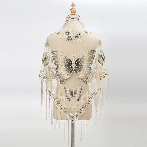 Women Lace Triangle Scarf Butterfly Embroidery Hollow Out Tassel Mesh Shawl Elegant Vintage Wrap