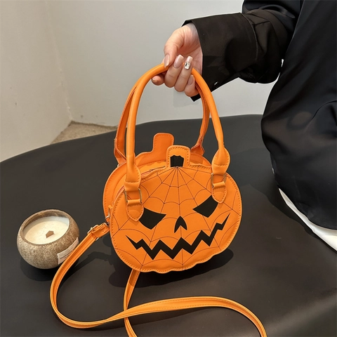 Halloween Pumpkin Handbag PU Leather Jack-O-Lantern Crossbody Bag Novelty Spider Web Pattern For Women Party Accessory