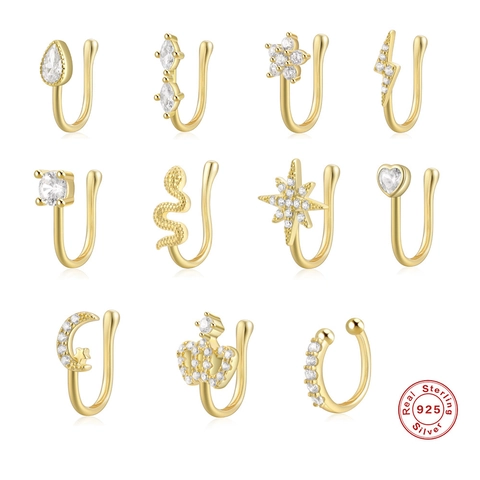 925 Sterling Silver Nose Cuff Non Piercing Zirconia Clip On Nose Ring For Women Geometric Lightning Snake Crown Jewelry