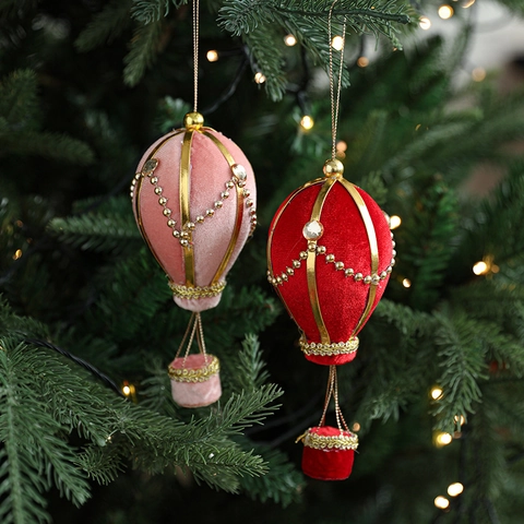 Velvet Christmas Tree Ornaments Hot Air Balloon And Glitter Ball Hanging With Gold Sequin Tassels And Artificial Pearl Decor