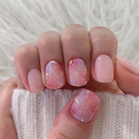 Pink Marble Press On Nails With Gold Foil Short Square Round False Nails For Women Smudge Design Removable Full Cover