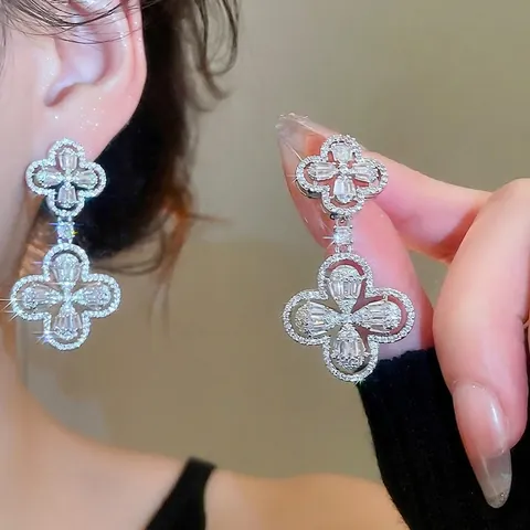 Layered Clover Drop Earrings Elegant Hollow Flower With Zircon Copper Jewelry Silver Earring Post Luxury For Women