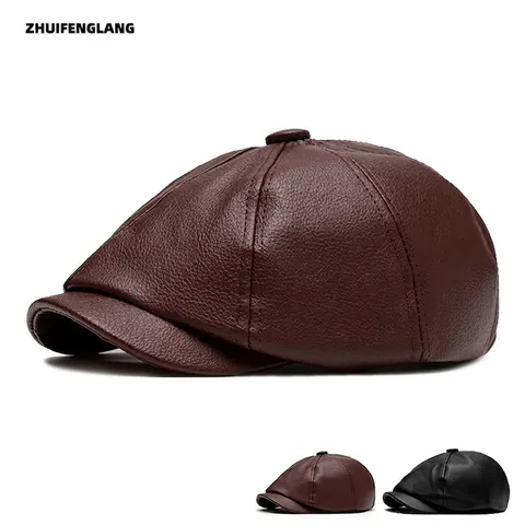 Herren Schirmmütze PU-Leder Fleece Gefüttert Warm Verstellbar Retro Britisch Achteckige Mütze Für Herbst Winter