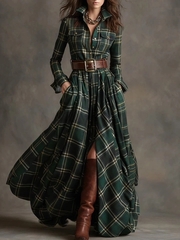 Robe Longue Maxi à Carreaux et Léopard pour Femmes Rétro Français Manches Longues Col Chemise Ourlet Irrégulier Robe Amincissante Avec Ceinture