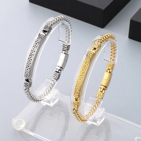 Men Stainless Steel Bracelet Greek Key Meander Pattern Retro Franco Chain Hip Hop Jewelry For Men