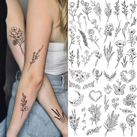 Temporary Tattoo Sticker Sketch Floral Rose Butterfly Waterproof Black And White Body Art For Women