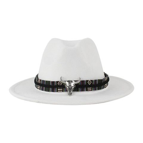 Chapeau Fedora en Feutre de Laine Style Ethnique Avec Accessoire en Métal Tête de Taureau Argent Bord Large pour Hommes Femmes