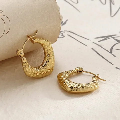 Boucles D'oreilles Créoles Martelées Acier Inoxydable Géométrique Forme C Texturé Style Français Bijoux