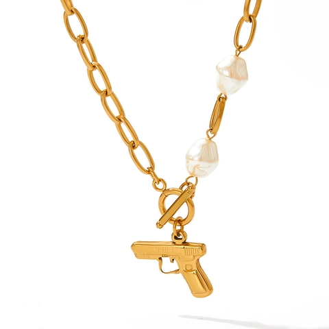 Stainless Steel Necklace With Artificial Baroque Pearl And Pistol Pendant Hip Hop Streetwear OT Buckle Chunky Link Chain