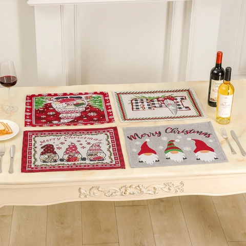 Christmas Placemats Jacquard Polyester Cotton Heat Resistant Dinner Table Mats Gnomes Merry Christmas Joy Festive Decoration