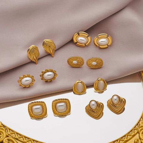 French Vintage 316 Stainless Steel Stud Earrings With Faux Artificial Pearl 18K Gold Plated Geometric Elegant Jewelry For Women