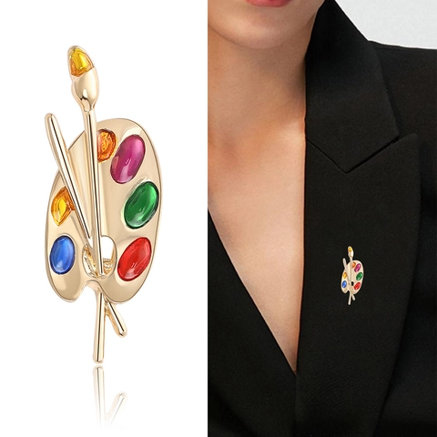 Vintage Creative Artistic Palette Brush Brooch Pin Alloy Multi-color Enamel Rhinestone Painter Artist Gift Jewelry Accessory