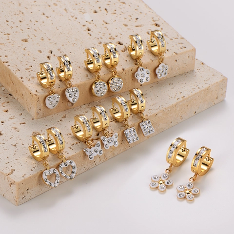 Orecchini A Cerchio In Acciaio Inossidabile Placcati Oro 18K Con Ciondoli Cuore Farfalla Fiore E Zirconia Per Donna Moda