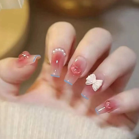Sargnägel Zum Aufdrücken Rosa Farbverlauf Mit Weißer Schleife Künstliche Perle Herz Französische Blaue Spitze Maniküre Für Frauen