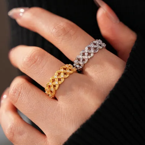 Hollow Flower Open Ring Copper Zircon Inlaid Adjustable Geometric Weave Gold Plated Exquisite Jewelry For Women