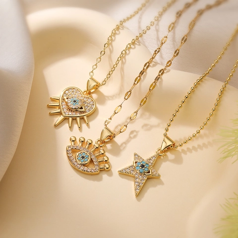 Evil Eye Anhänger Halskette Kupfer Vergoldet Mit Blauem Klarem Zirkon Herz Stern Geometrischer Schmuck Für Damen Mode