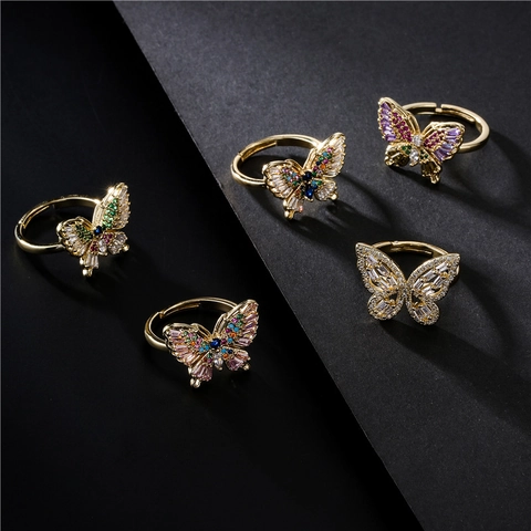 Schmetterling Ring Zirkonia Vergoldetes Kupfer Verstellbar Offenes Band Modeschmuck Für Damen
