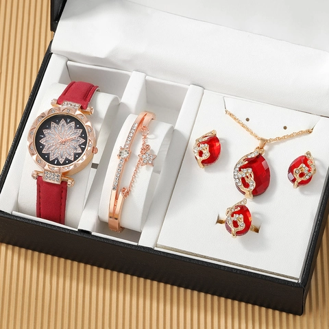 Women Luxury Rose Gold Flower Dial Quartz Watch And Rhinestone Jewelry Set With Bracelet Necklace Earrings Ring For Banquet