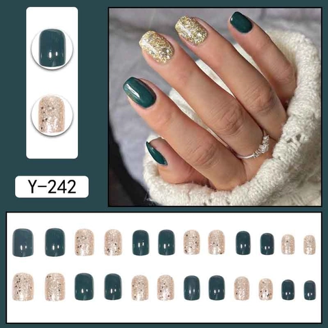Press On Nails Dark Green And Gold Glitter Glossy Short Square Round Plastic Fake Nails Artificial Manicure