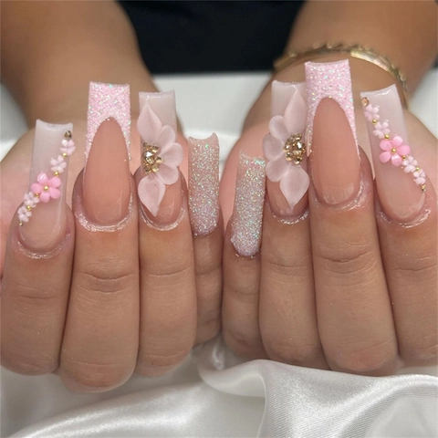 Lange Quadratische Künstliche Nägel Zum Aufpressen Mit 3D Blume Strass Rosa Nude Glitzer Falsche Nägel Für Damen Party Hochzeit