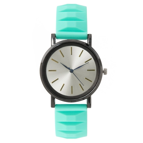 Women Quartz Watch Fashion Minimalist Alloy Case Silicone Strap With Geometric Texture Sunray Dial Gold Markers Blue Hands