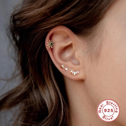 925 Sterling Silver Piercing Stud Earrings For Women Individual Trend Zirconia Flower Star Snake Helix Ear Bone Nail Jewelry