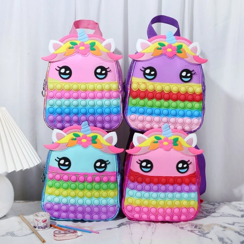 Zaino Unicorno Per Bambini Silicone Pop-it Fidget Giocattolo Borsa Laser PU Arcobaleno Scuola Per Ragazze Antistress