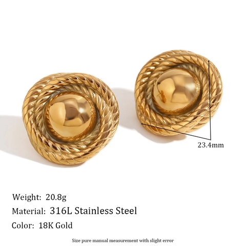 Orecchini A Bottone Tondi Retro Texture Corda Intrecciata Placcato Oro 18K Acciaio Inossidabile Gioielli Minimalisti Per Donna