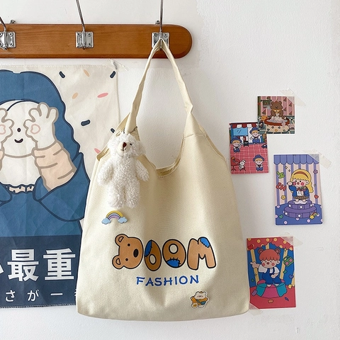 Canvas Tote Tasche Große Kapazität Cartoon Bär Druck Brief Schulter Handtasche Für Studenten Mädchen Schule Täglich Süß Lässig