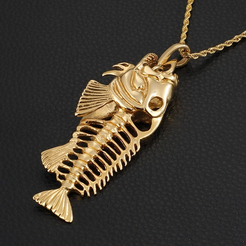 Fischgräten Anhänger Halskette Edelstahl Retro Punk Hip Hop Skelett Lange Pulloverkette Schmuck Für Herren Damen