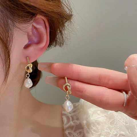 Geknotete Metall Ohrhänger Mit Barock Süßwasserperle Und 925 Sterling Silber Ohrstecker Französischer Stil Schmuck Für Damen