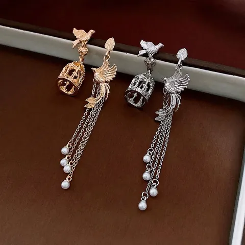 Pendientes Asimétricos Pájaro Jaula De Pájaros Borla Aleación Imitación Perla Artificial Con Poste De Plata Vintage Retro Elegante Para Mujeres