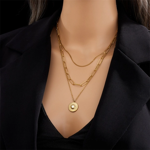 Vintage Minimalist Stainless Steel Layered Necklace For Women Gold Plated Multi Layer Disc Pendant Fashion Jewelry Necklace Gift