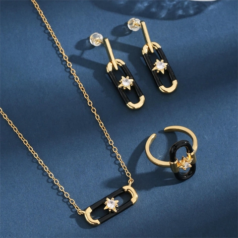 Vintage Copper Black Enamel Star Necklace Rhinestone Stud Earring Open Adjustable Ring For Women Clavicle Jewelry